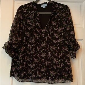CeCe Tie Neck Black Floral Blouse with Pink and Green Accents